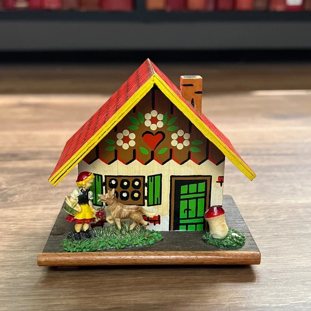 Vintage Little Red Riding Hood Wood House Bank Coin Cottage- Germany circa 1940